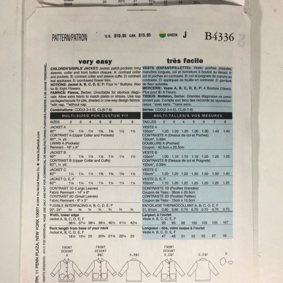 Butterick B4336 Fast & Easy Girls Fleece Jacket Sewing Pattern Size 2-5 - Picture 2 of 2